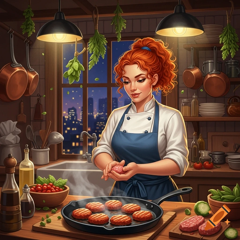 A red-haired female chef forms meat patties while others fry in a pan in a detailed kitchen at night, city lights visible outside.