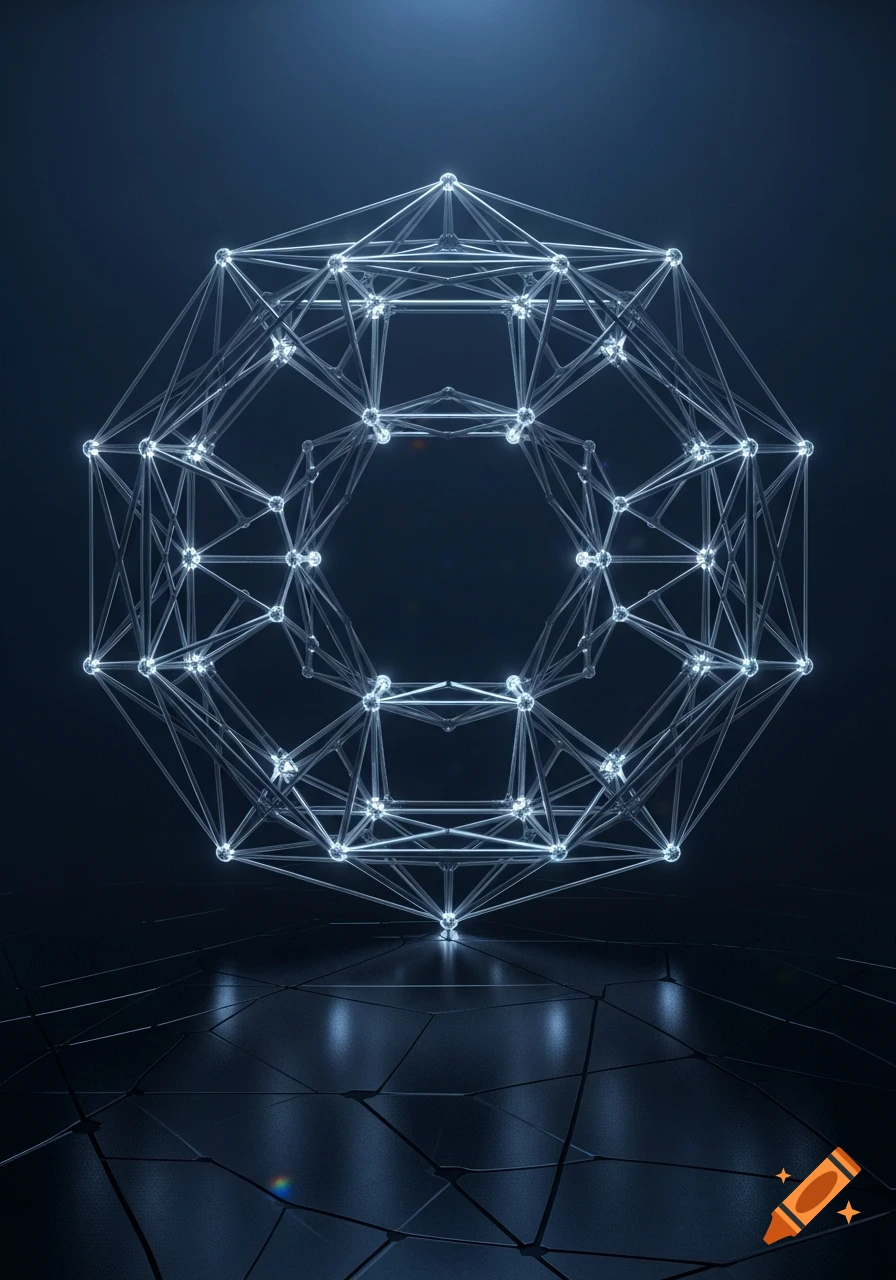 A glowing, intricate white geometric polyhedron structure with many nodes and lines, casting reflections on a dark, tiled surface.