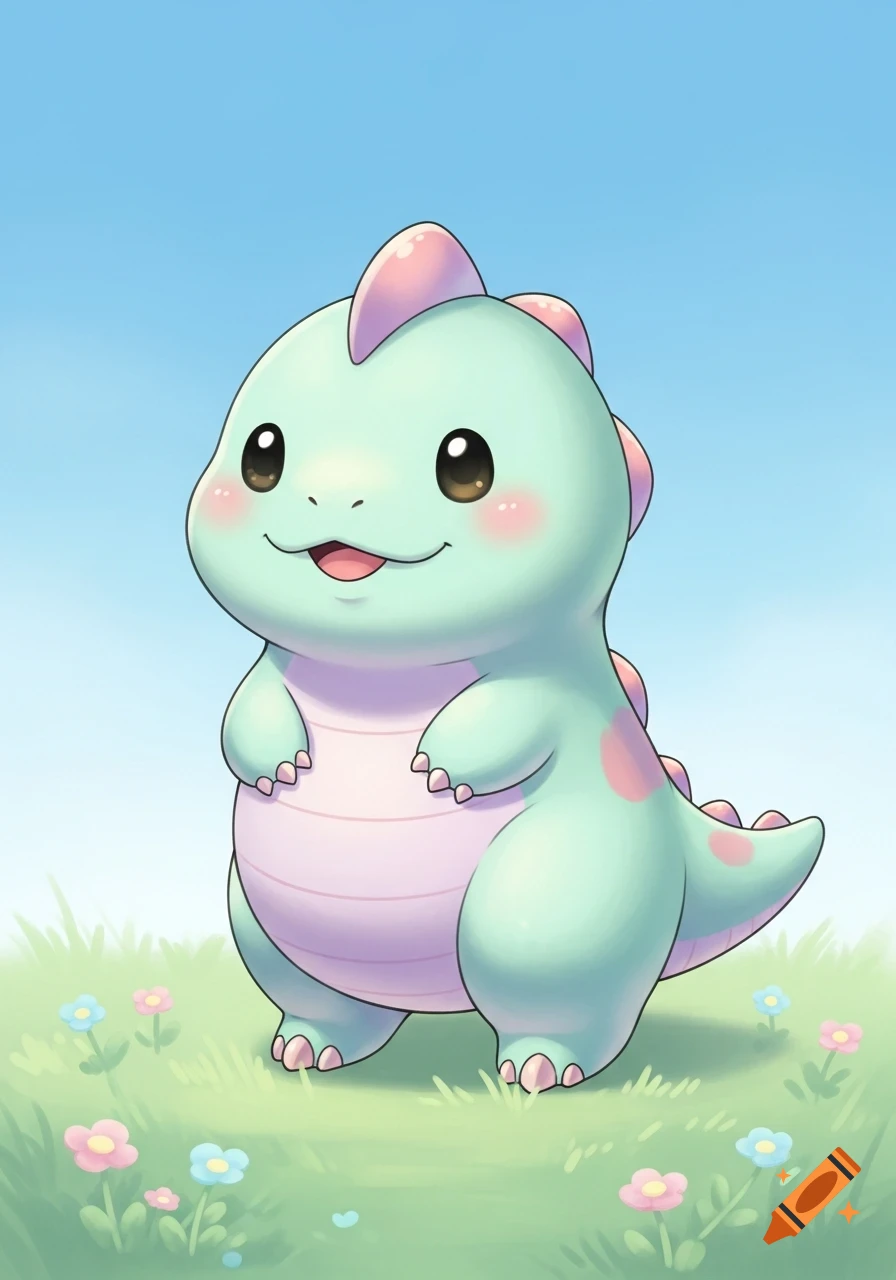 A cute, light blue and pink cartoon dinosaur with big eyes and rosy cheeks stands in a grassy field with small flowers under a blue sky.