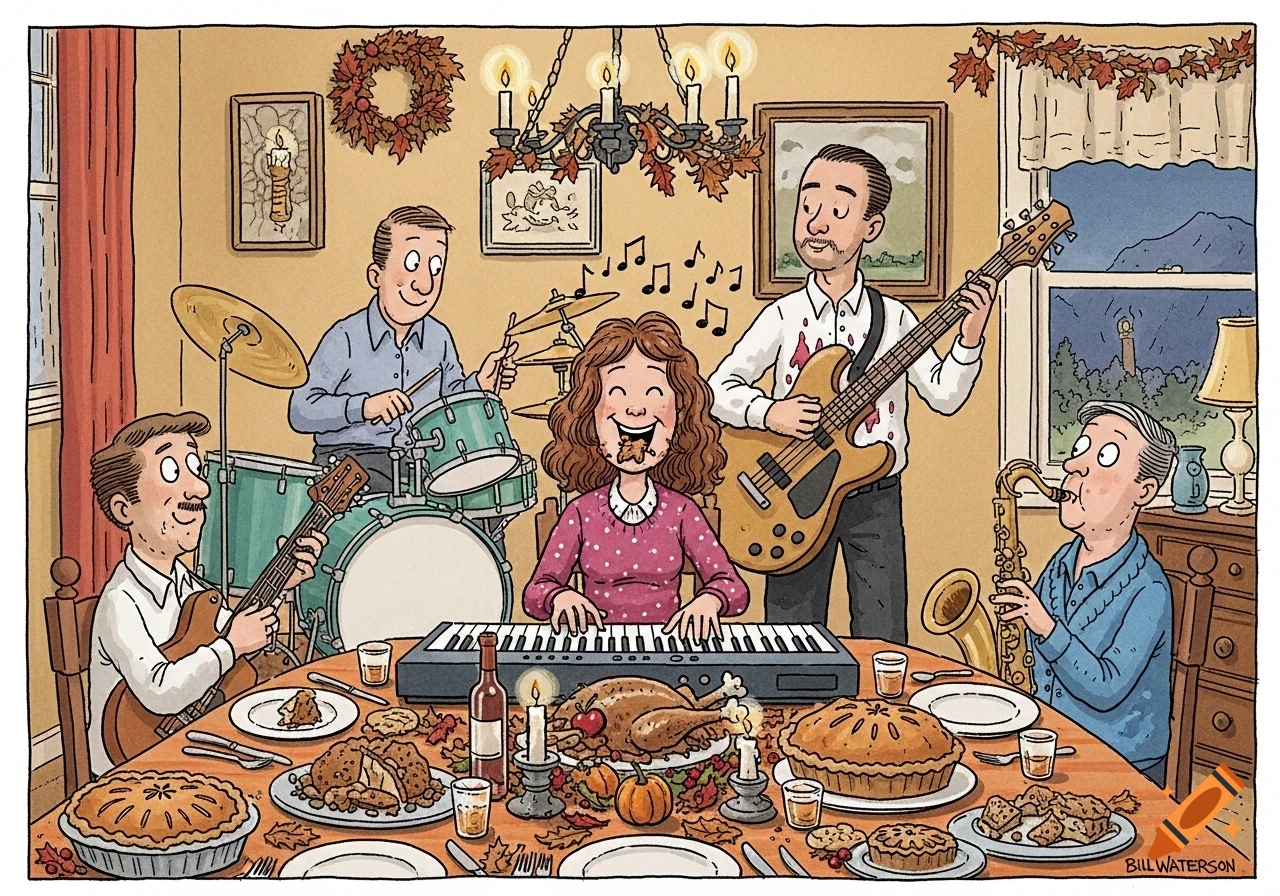 A cartoon family band plays instruments around a Thanksgiving dinner table, featuring a turkey and pies, with one person eating.