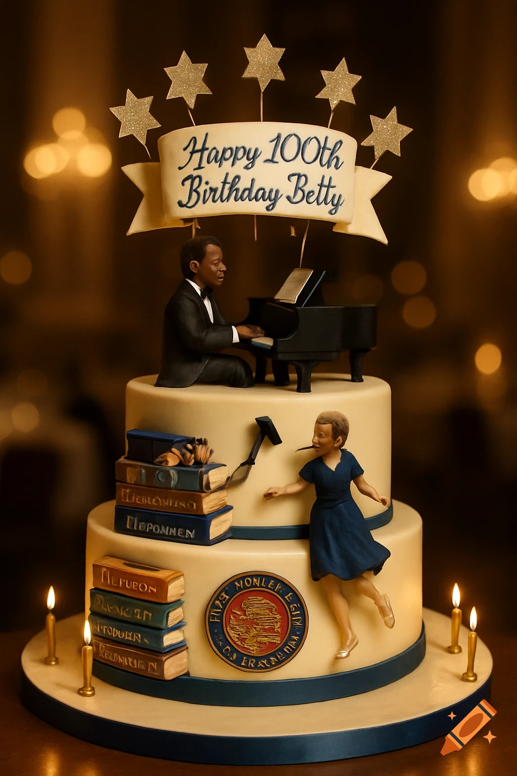 A multi-tiered birthday cake decorated with glittery stars, a banner reading 'Happy 100th Birthday Betty', a man playing a piano, stacks of books, a circular emblem, and a woman in a blue dress dancing.