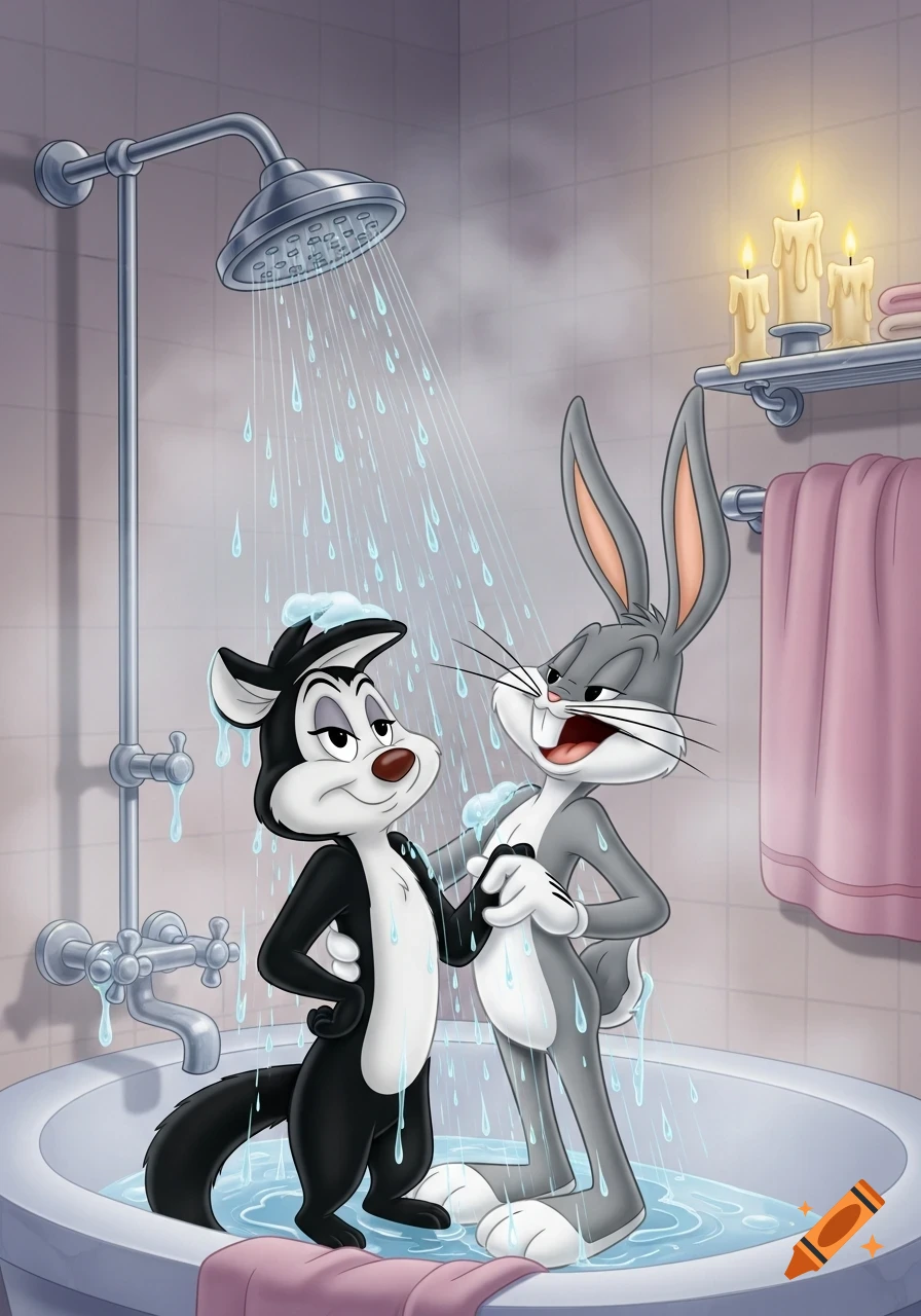 Pepe Le Pew and Bugs Bunny shower together in a bathtub, cartoon style.