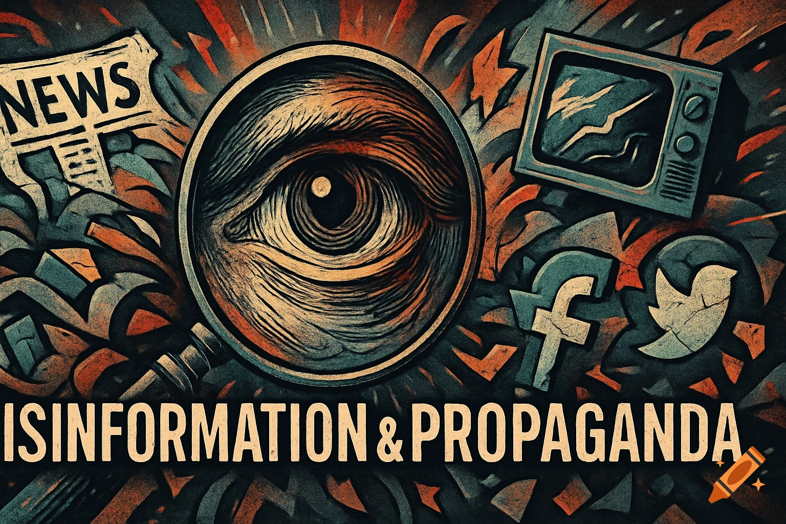A stylized banner showing a magnifying glass over an eye, a newspaper, an old TV, and social media logos with 'DISINFORMATION & PROPAGANDA' text.