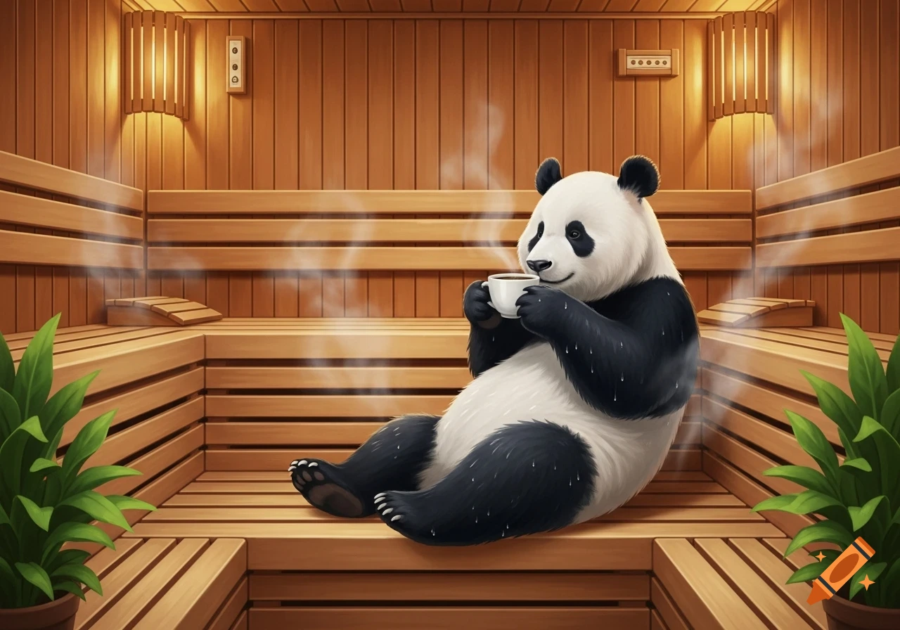 A content panda sits on a wooden bench in a steamy sauna, sipping coffee from a white cup.