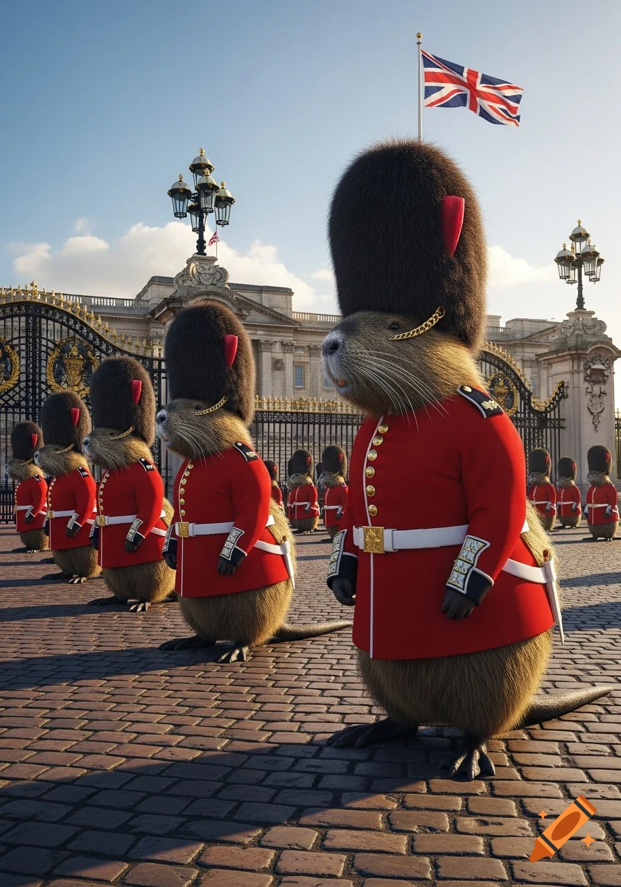 Photorealistic nutrias in red British guard uniforms stand in formation outside Buckingham Palace.