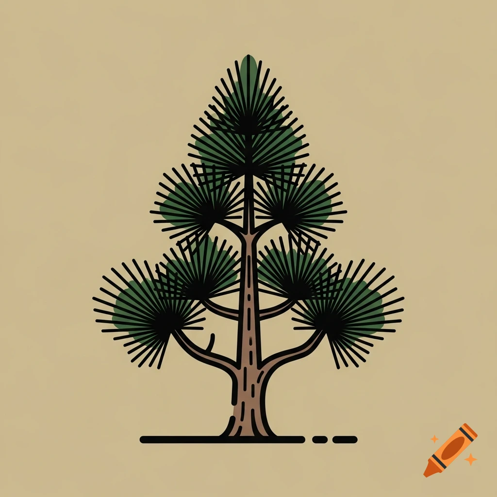 A flat design icon of a pine tree with green spiky foliage and a brown trunk on a beige background.