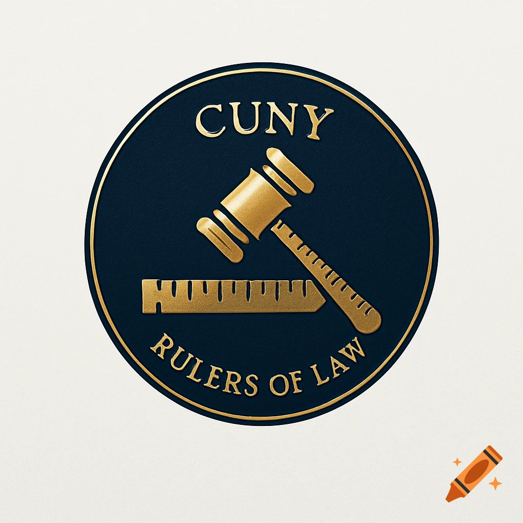 Gold embossed logo for CUNY Rulers of Law on a dark blue circle, featuring a gavel and a ruler.