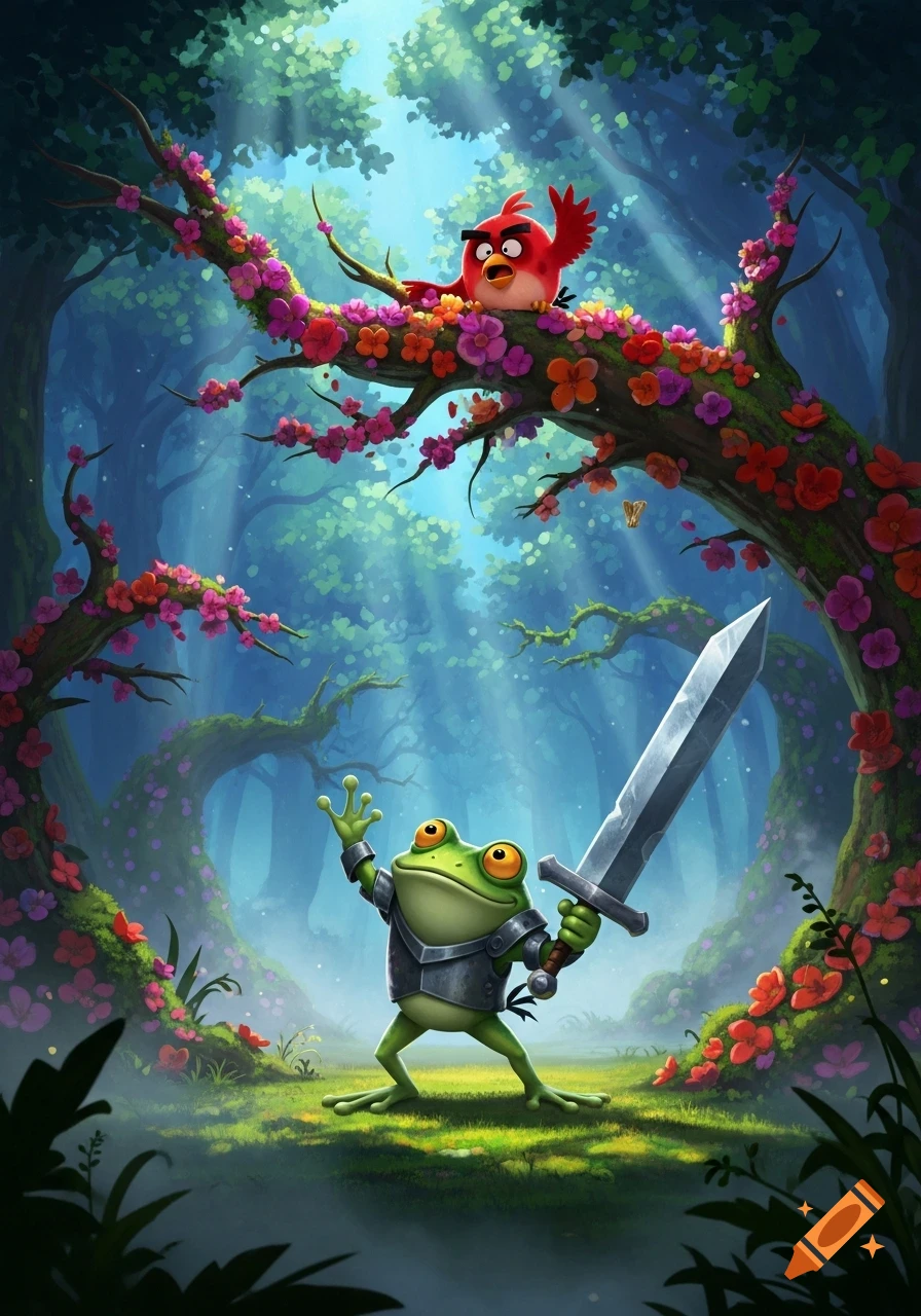 A cartoon frog knight holding a sword stands in a vibrant fantasy forest, with Red from Angry Birds in a flowered tree.