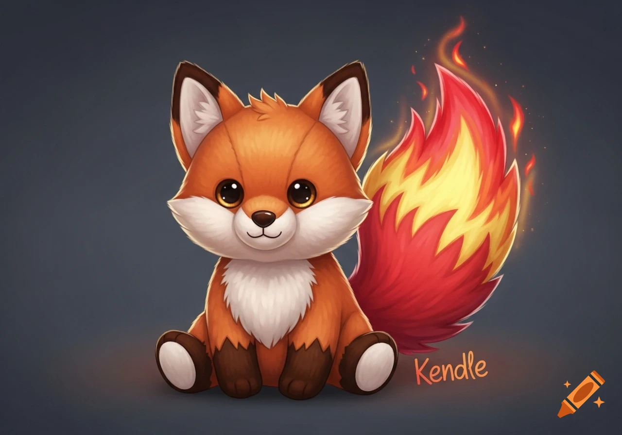 Cute cartoon plush fox with orange fur, bead eyes, a sweet smile, and a fiery red-orange-yellow tail, sitting against a dark background.