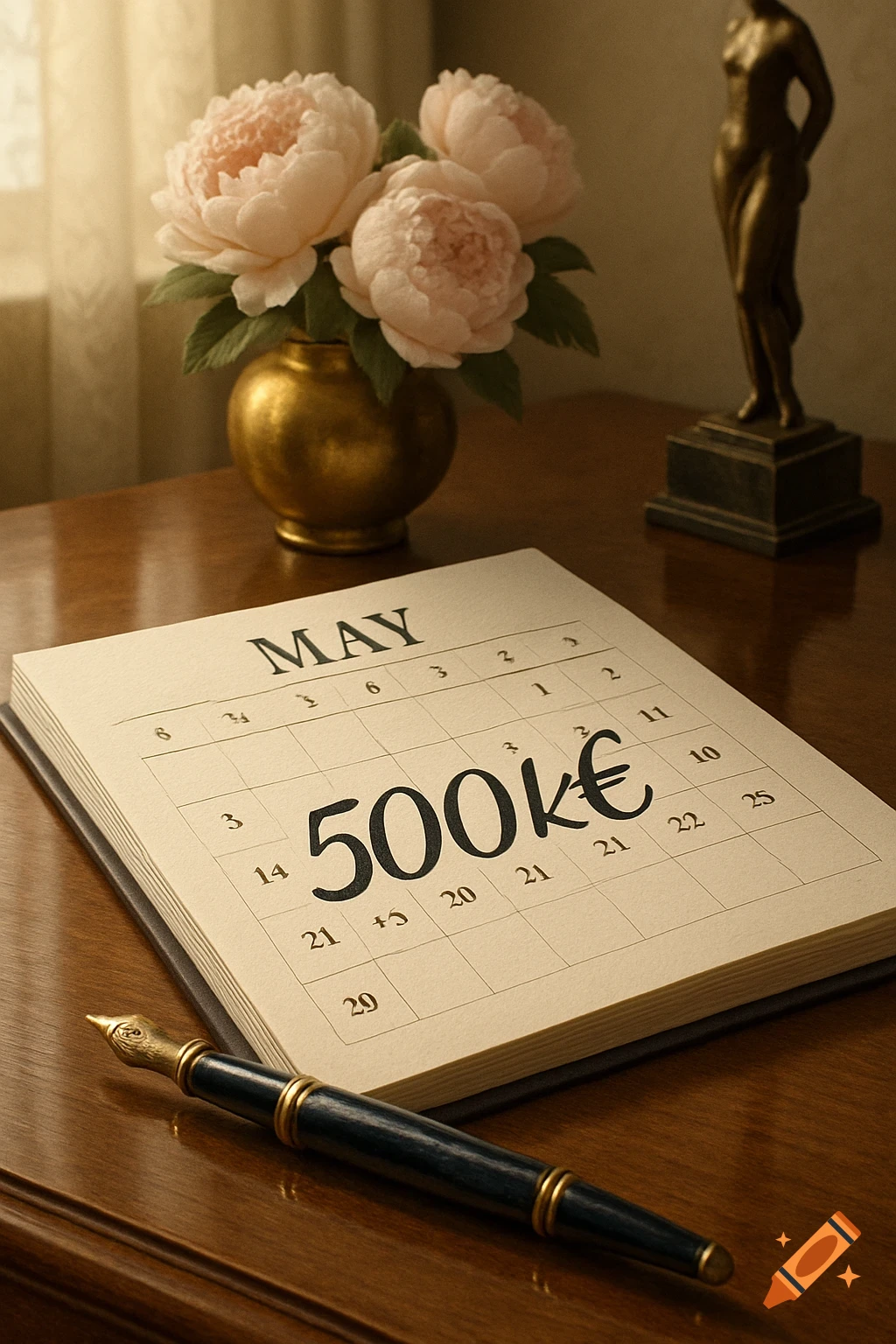 A calendar on a wooden desk shows 'May' and '500k€', next to a pen, pink peonies, and a statue.