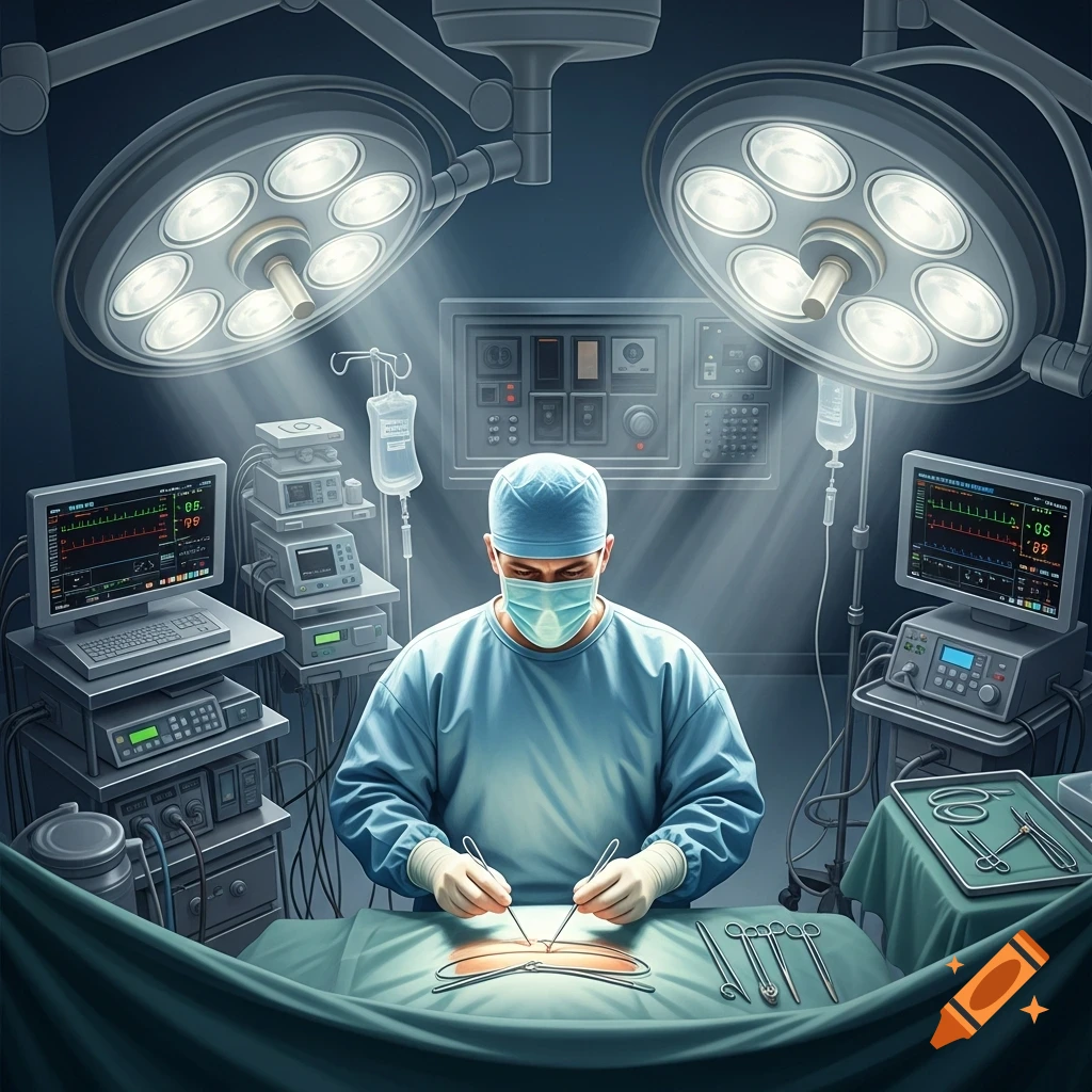 A surgeon in blue scrubs and mask performs surgery under bright operating room lights, surrounded by medical equipment.