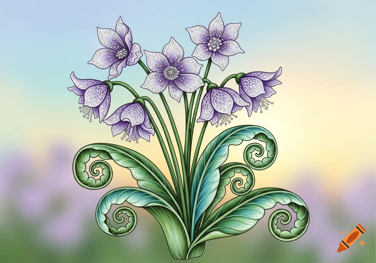 Hand-drawn botanical illustration of stylized purple flowers with speckled petals and green curling leaves against a gradient background.