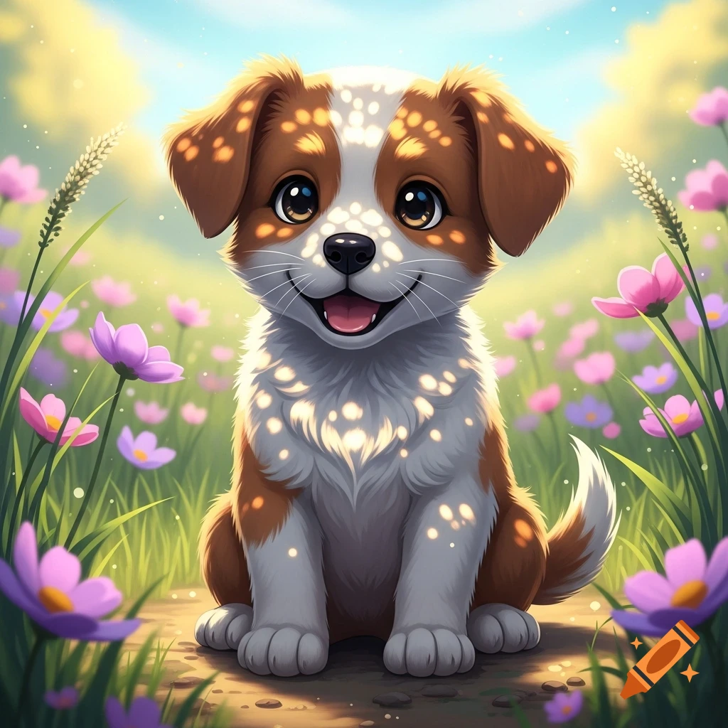 A cute brown and white anime puppy with big eyes smiles in a field of purple flowers under a sunny sky.