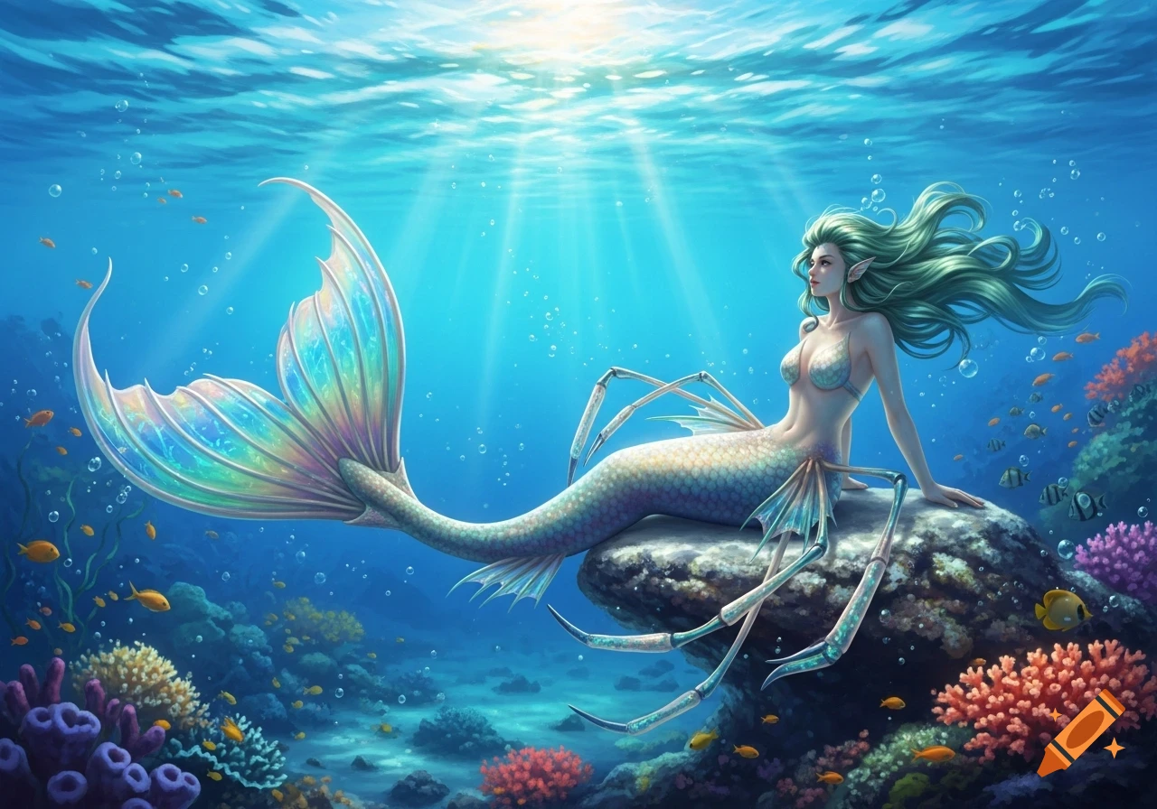 Fantasy illustration of a mermaid with green hair and prawn-like limbs, sitting on a rock in a vibrant coral reef under sunlit water.