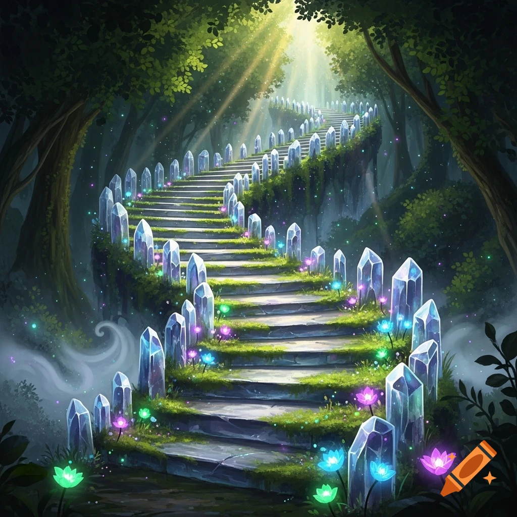 A magical winding stone staircase with grass steps, adorned with glowing crystals and luminous flowers, ascends through an enchanted, sun-dappled forest.