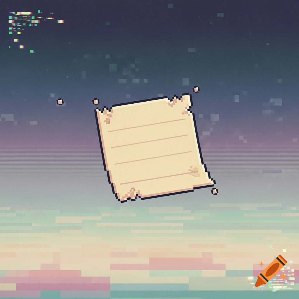 A pixel art image of a blank, lined note with torn edges floating against a glitchy, pixelated purple and teal background.
