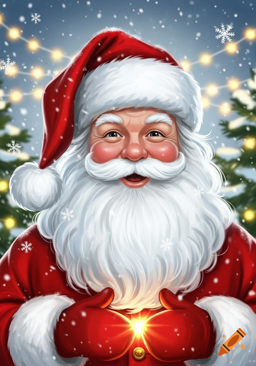 A cheerful Santa Claus, surrounded by falling snow and blurry Christmas lights, holds a glowing light in his hands.