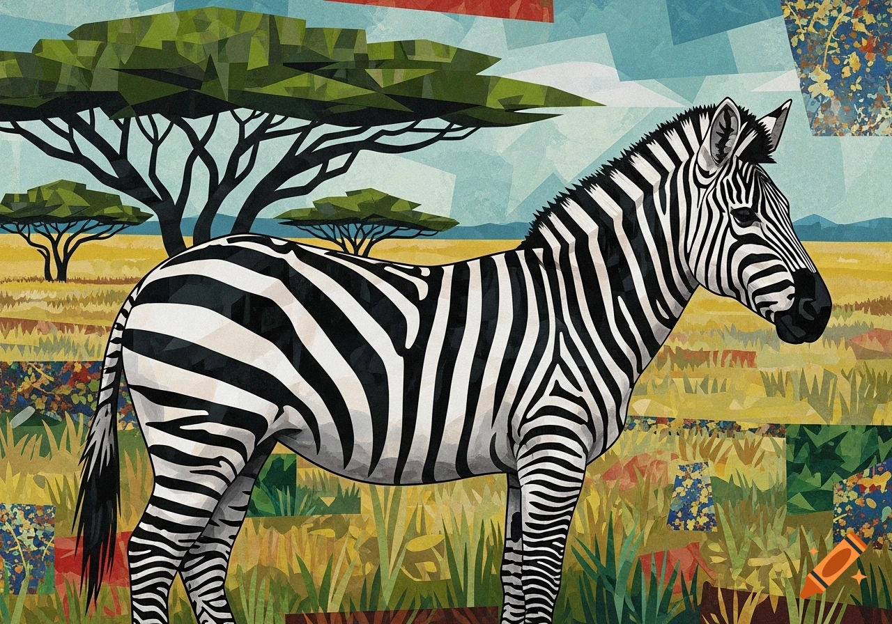 A cubist style illustration of a zebra standing in a geometric African savanna with acacia trees.