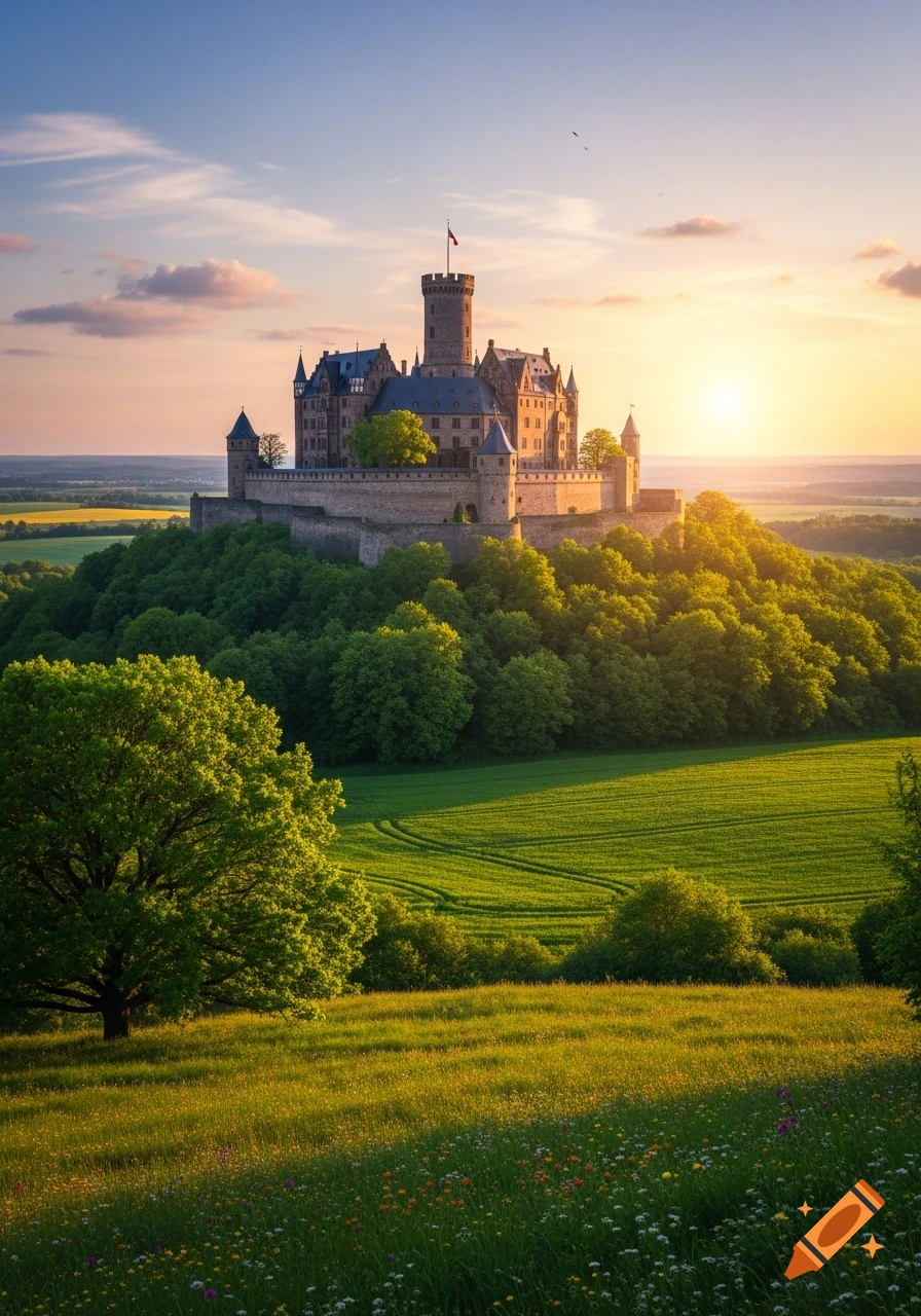 A majestic castle sits atop a tree-covered hill, overlooking green ...