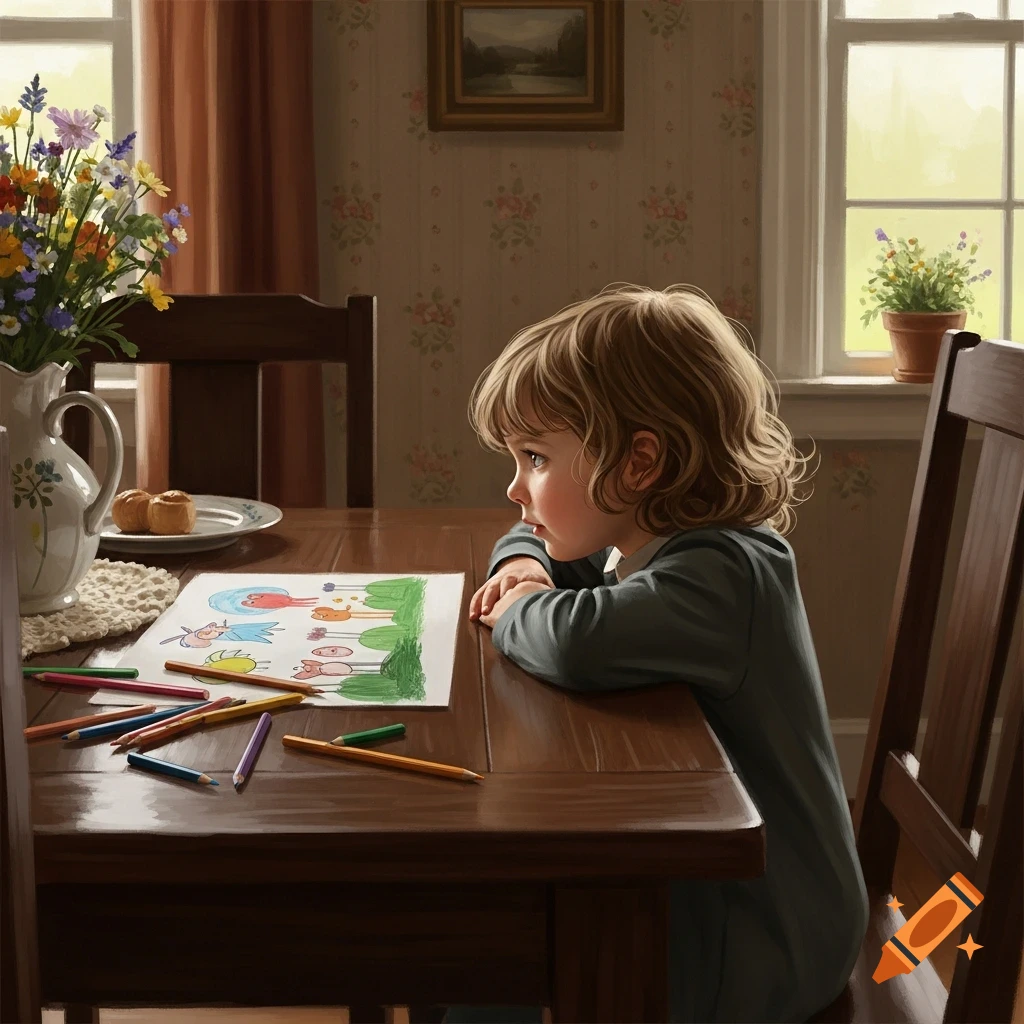 A young child with curly hair leans on a wooden table, looking at their colorful drawing surrounded by crayons in a cozy room.