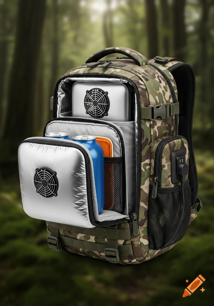 A camouflage backpack with open compartments revealing silver insulated interiors, cooling fans, blue cans, and an outlet, in a forest.