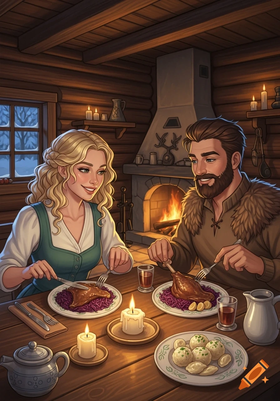 Illustration of a smiling blonde woman and bearded man eating a meal of goose leg, red cabbage, and dumplings in a cozy log cabin with a fireplace.