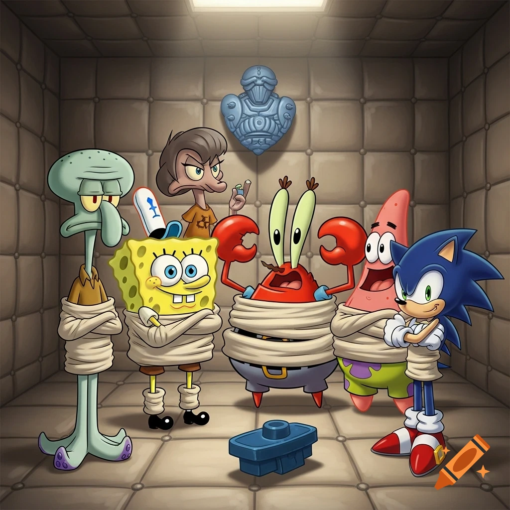 SpongeBob, Squidward, Mr. Krabs, Patrick, Sonic, and a human-like character in straight jackets inside a cartoon padded room.
