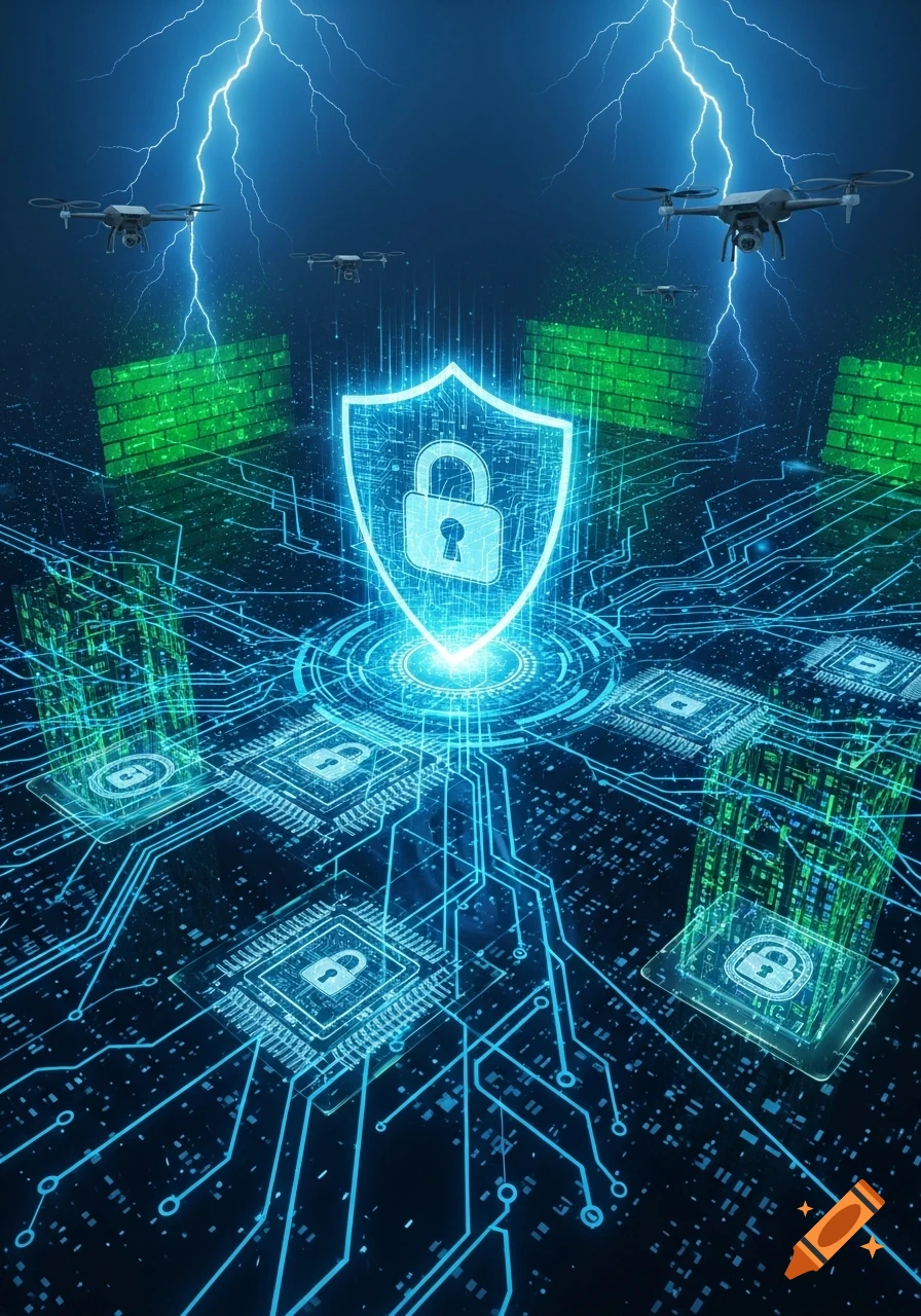 A glowing blue cybersecurity shield with a padlock on a circuit board, with drones, lightning, and green firewalls.