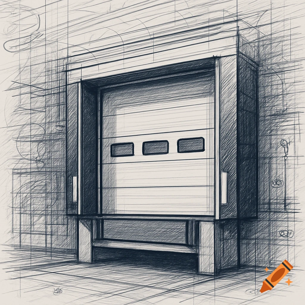 Blueprint sketch of a modern loading dock door with architectural lines and background annotations.
