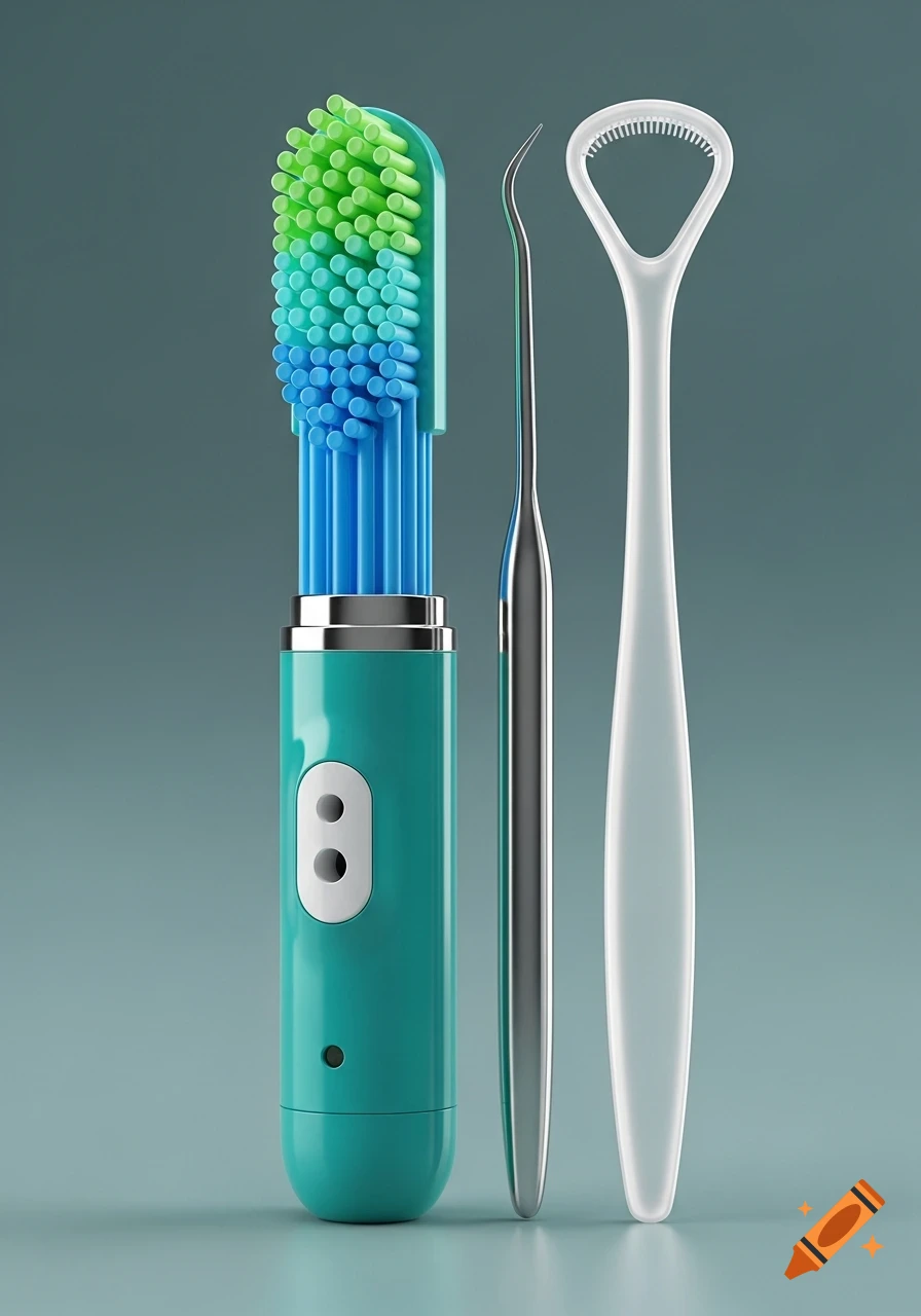 A teal electric toothbrush with green and blue cylindrical bristles, a dental pick, and a white tongue scraper.