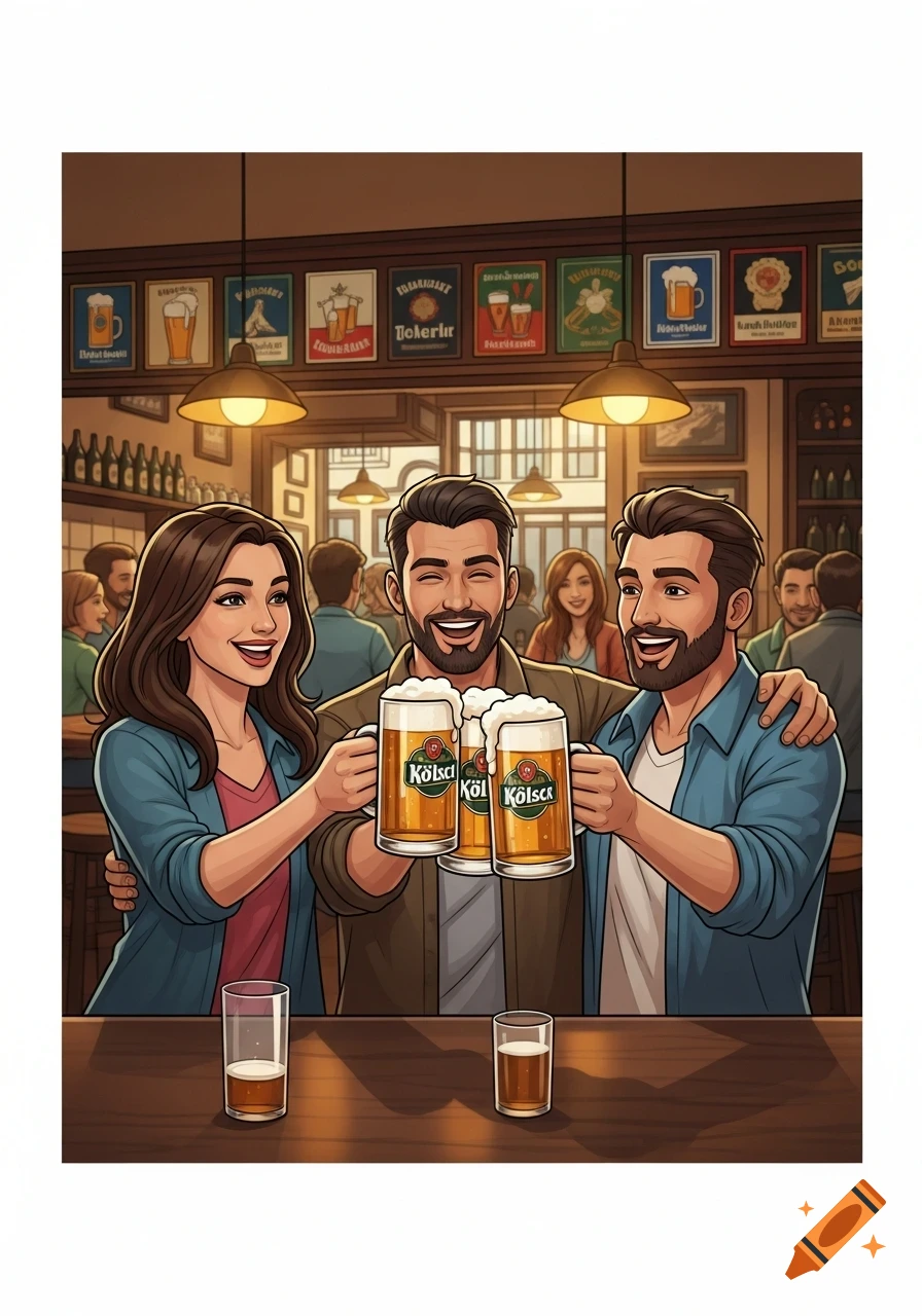 Three cheerful cartoon friends, a woman and two men, toast with mugs of Kölsch beer in a lively Cologne pub.