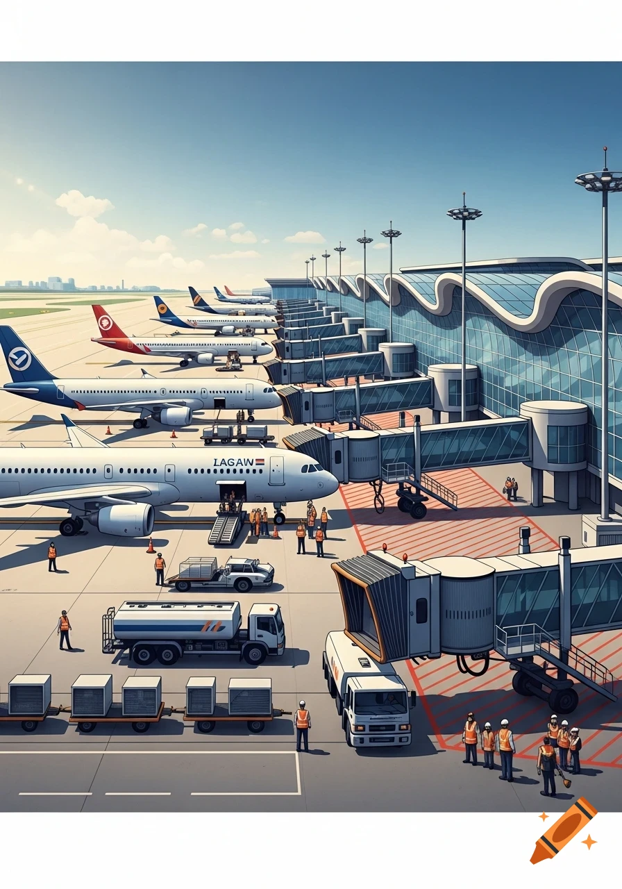 Illustrative overhead view of a bustling airport tarmac with multiple airplanes parked at gates, ground crew, and service vehicles.