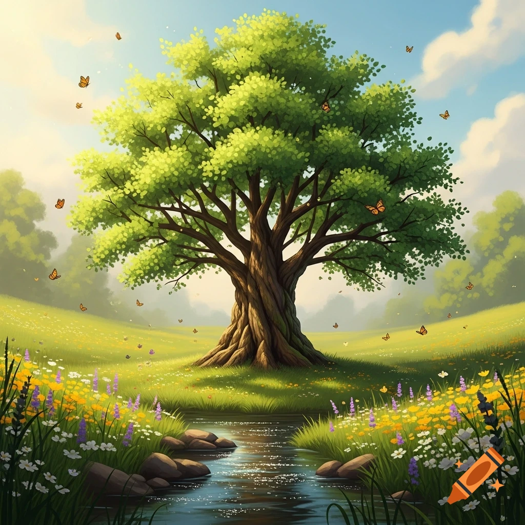 A vibrant green tree stands by a stream in a lush meadow with colorful wildflowers and butterflies under a blue sky.
