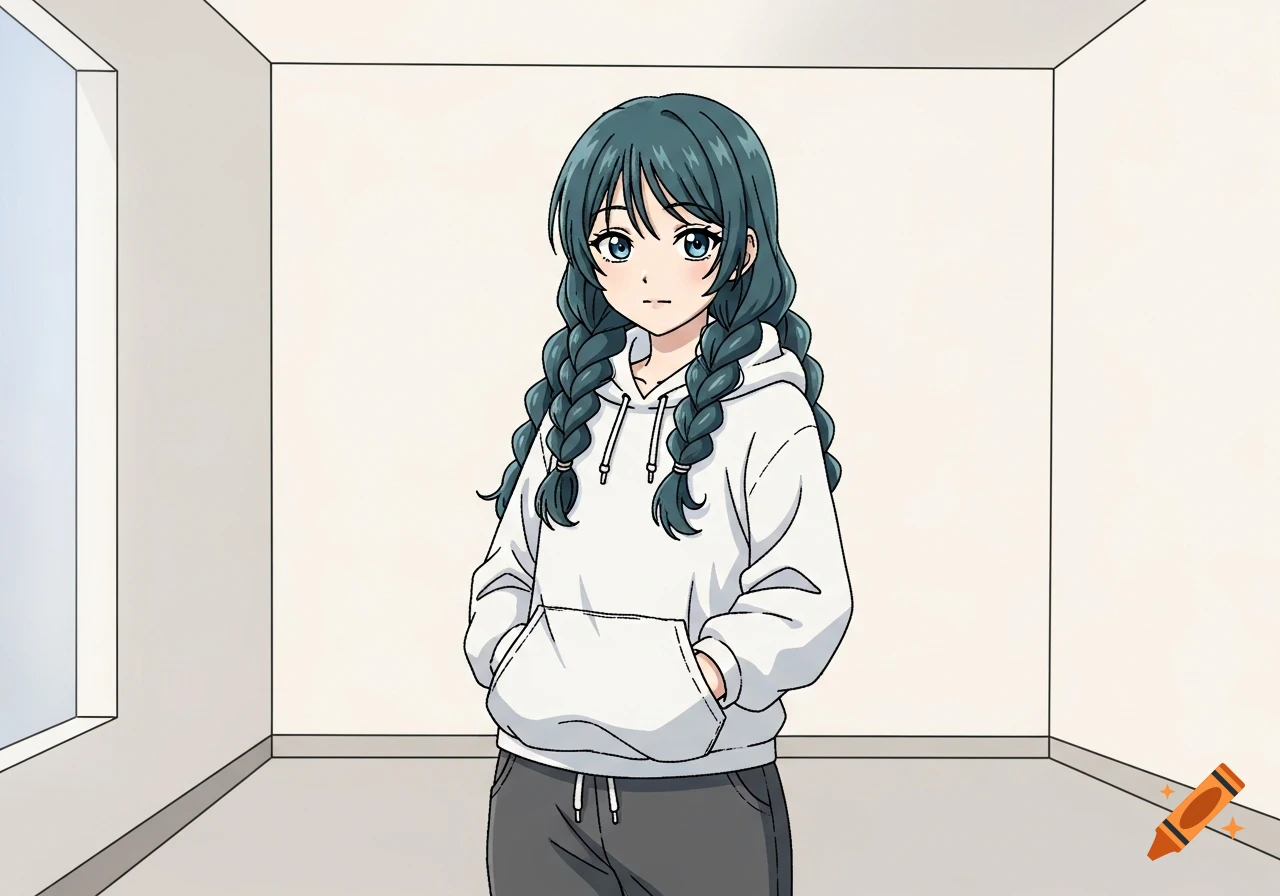 Anime girl with dark teal braids, light blue eyes, white hoodie, and grey sweatpants, standing in a plain room.
