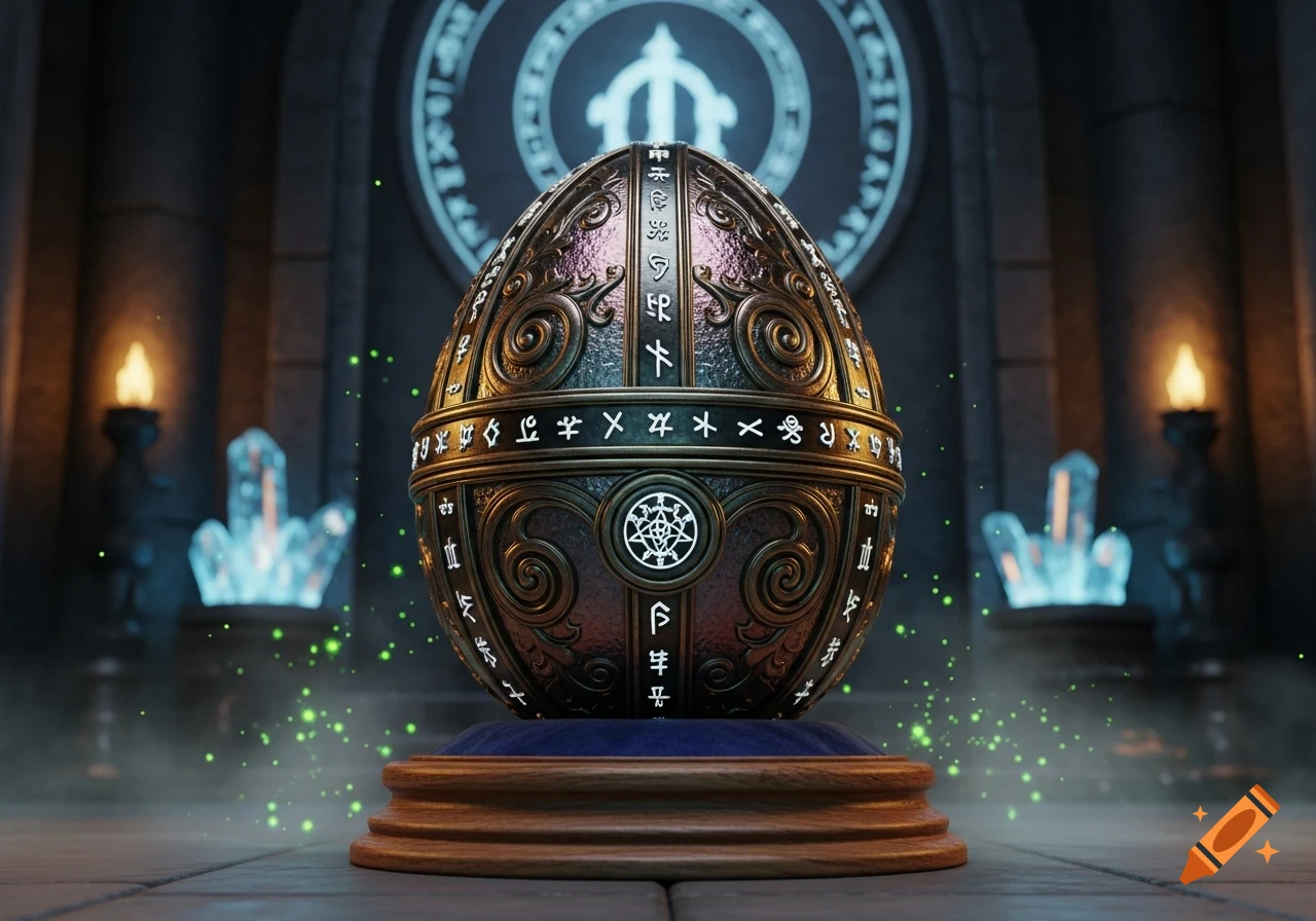 An ornate, mystical egg artifact with glowing runes on a pedestal in a dark, ancient chamber with glowing crystals.