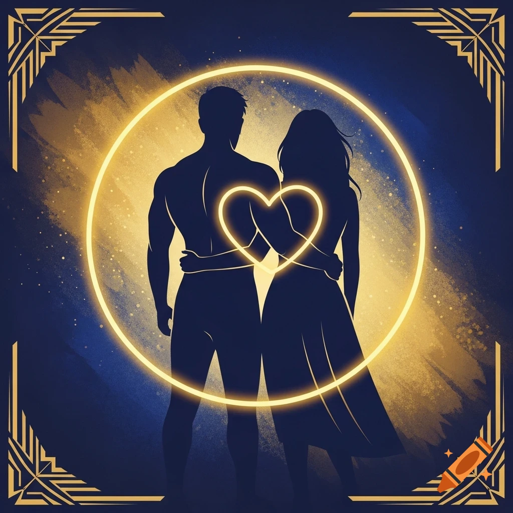 Silhouettes of a man and woman embracing, forming a glowing heart, surrounded by a golden circle against a blue and gold art deco background.