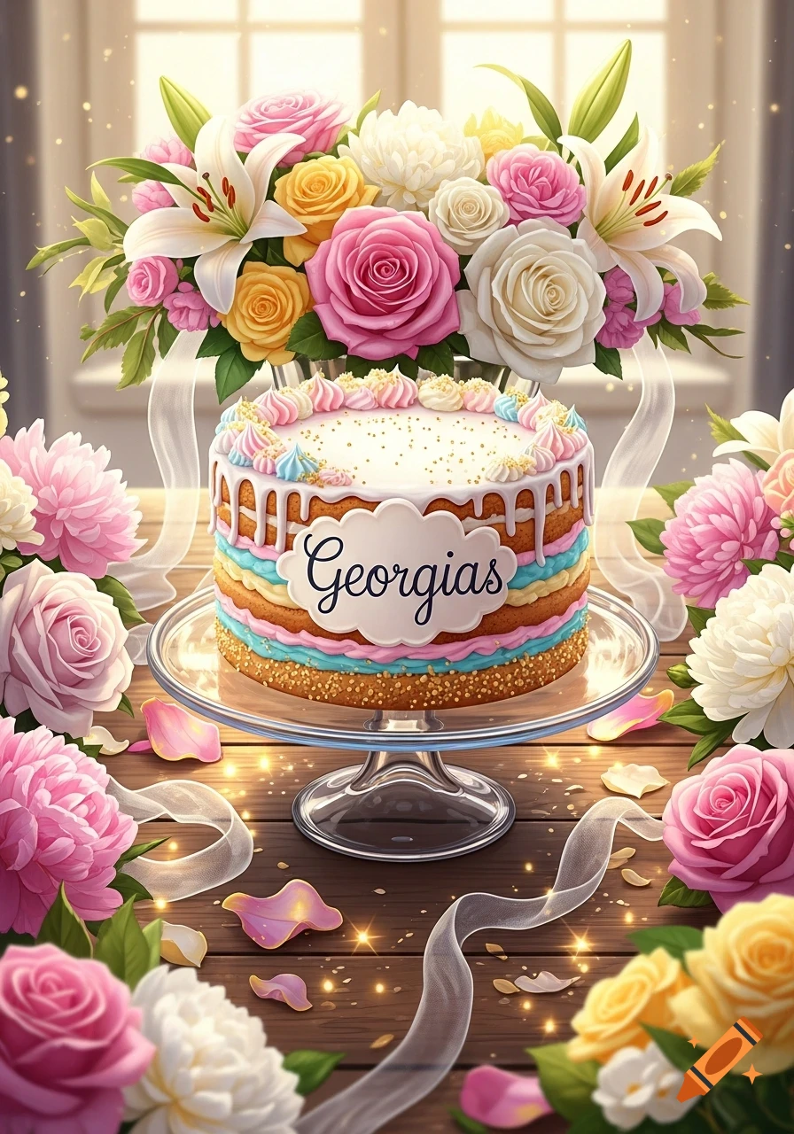 A colorful birthday cake with 'Georgias' written on it, surrounded by pink, white, and yellow flowers on a wooden table.