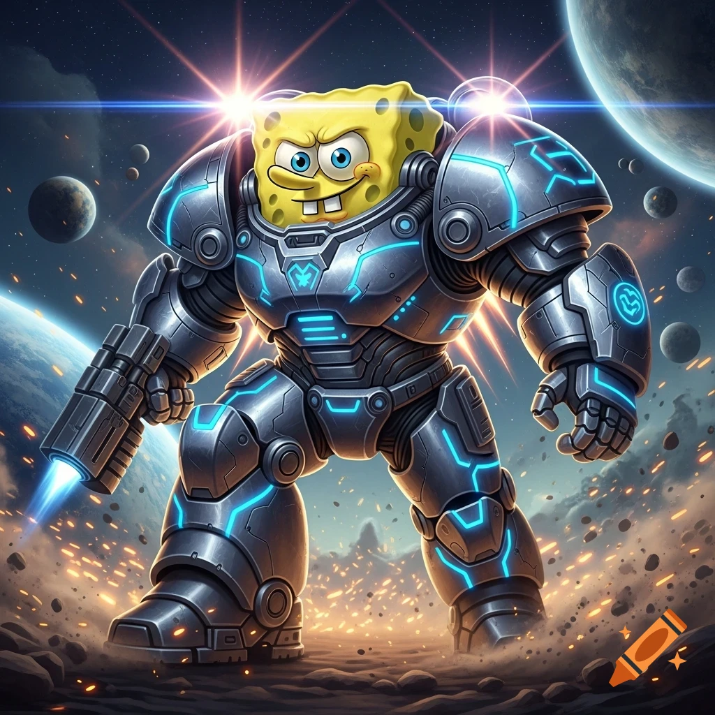 Spongebob in a detailed, glowing blue and silver space marine suit on an alien planet with space and planets in the background.