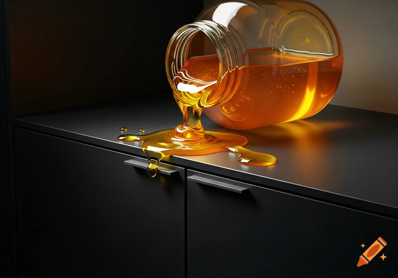 A photorealistic glass jar of golden honey spilling onto a black two-door cupboard.