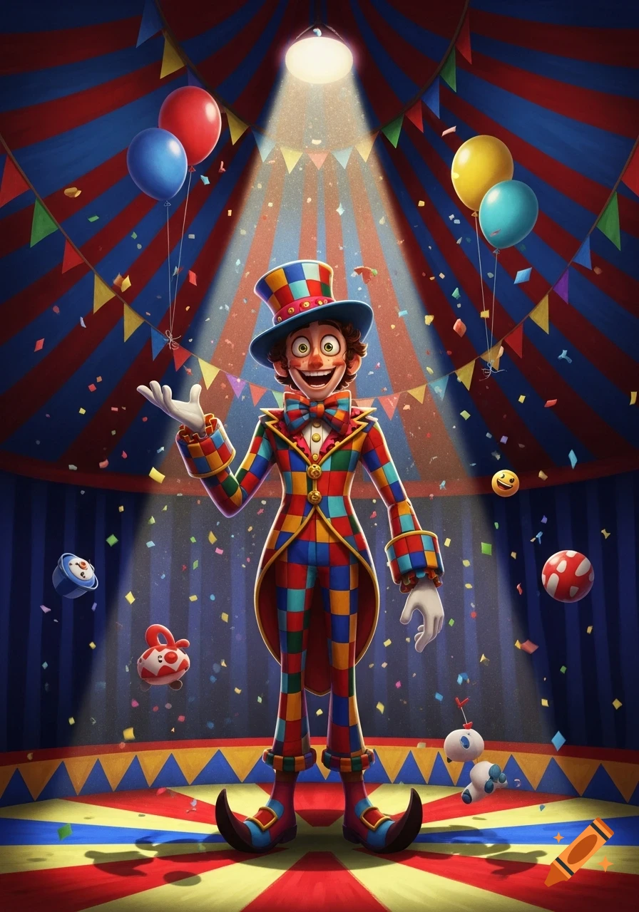 A colorful, smiling clown in a checkered suit and top hat stands under a spotlight in a vibrant circus tent, with balloons and confetti.