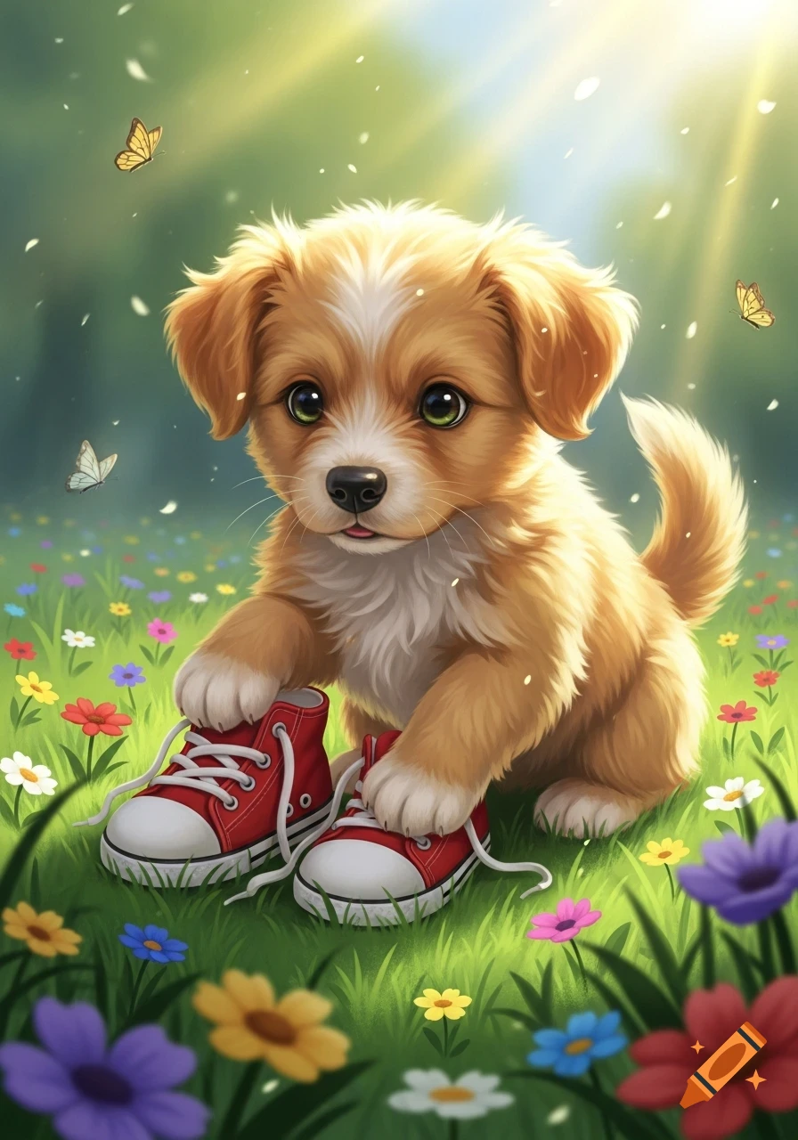 A cute, fluffy puppy with big green eyes sits in a field of colorful flowers next to a pair of red sneakers, in a vibrant illustration style.