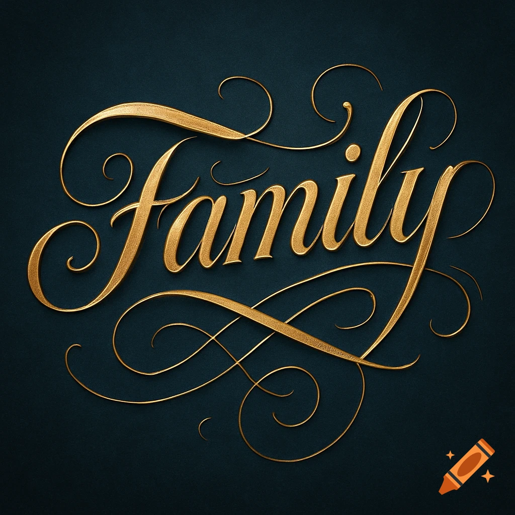 The word Family rendered in elegant golden swirly script on a dark teal background.