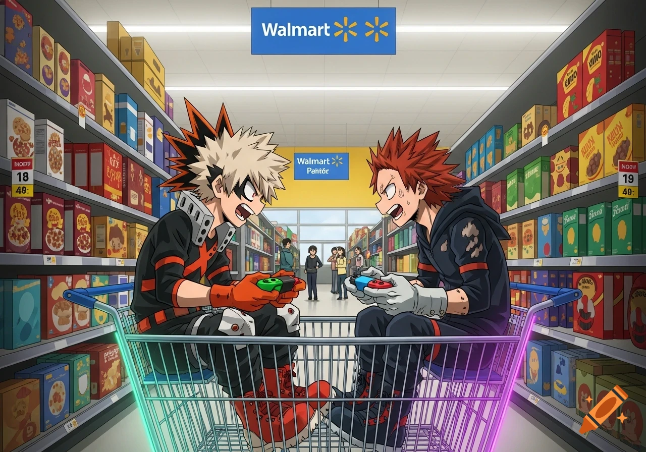Bakugo and Kirishima from My Hero Academia playing video games on a Nintendo Switch while sitting in shopping carts in a Walmart aisle, anime style.