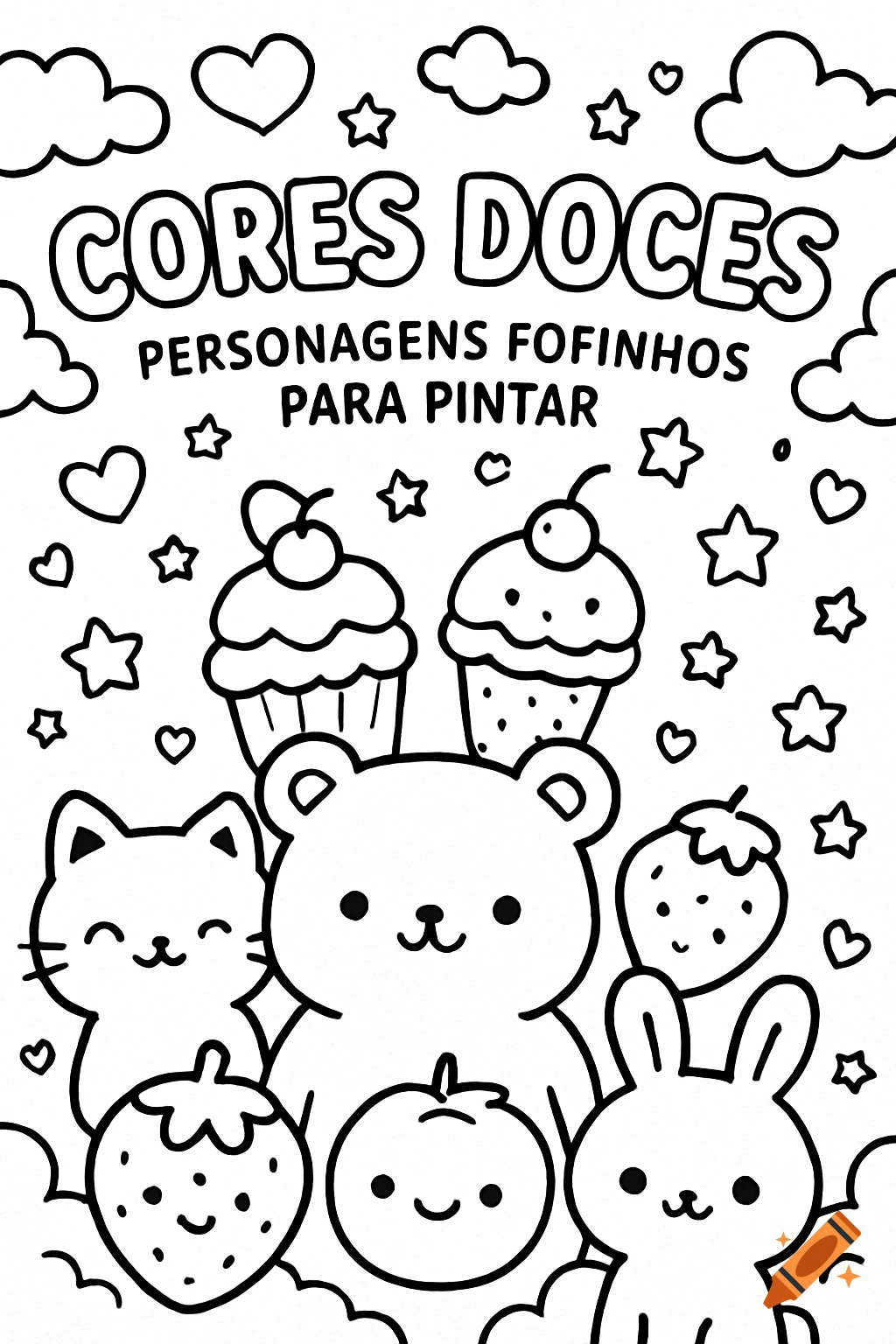 Black outline coloring page featuring cute kawaii animals, cupcakes, and fruit, with the title 'Cores Doces: Personagens Fofinhos para Pintar'.
