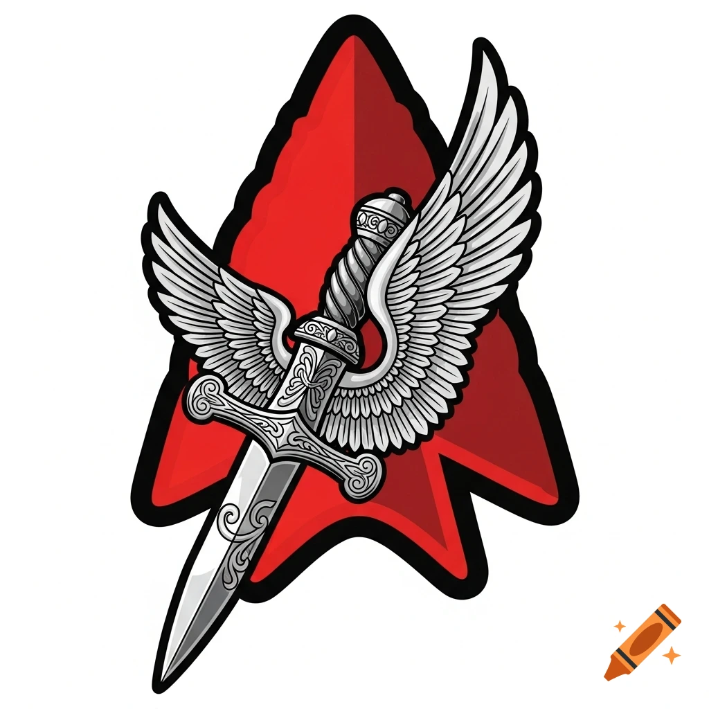 Vector illustration of a silver winged dagger facing upwards over a red arrowhead emblem.