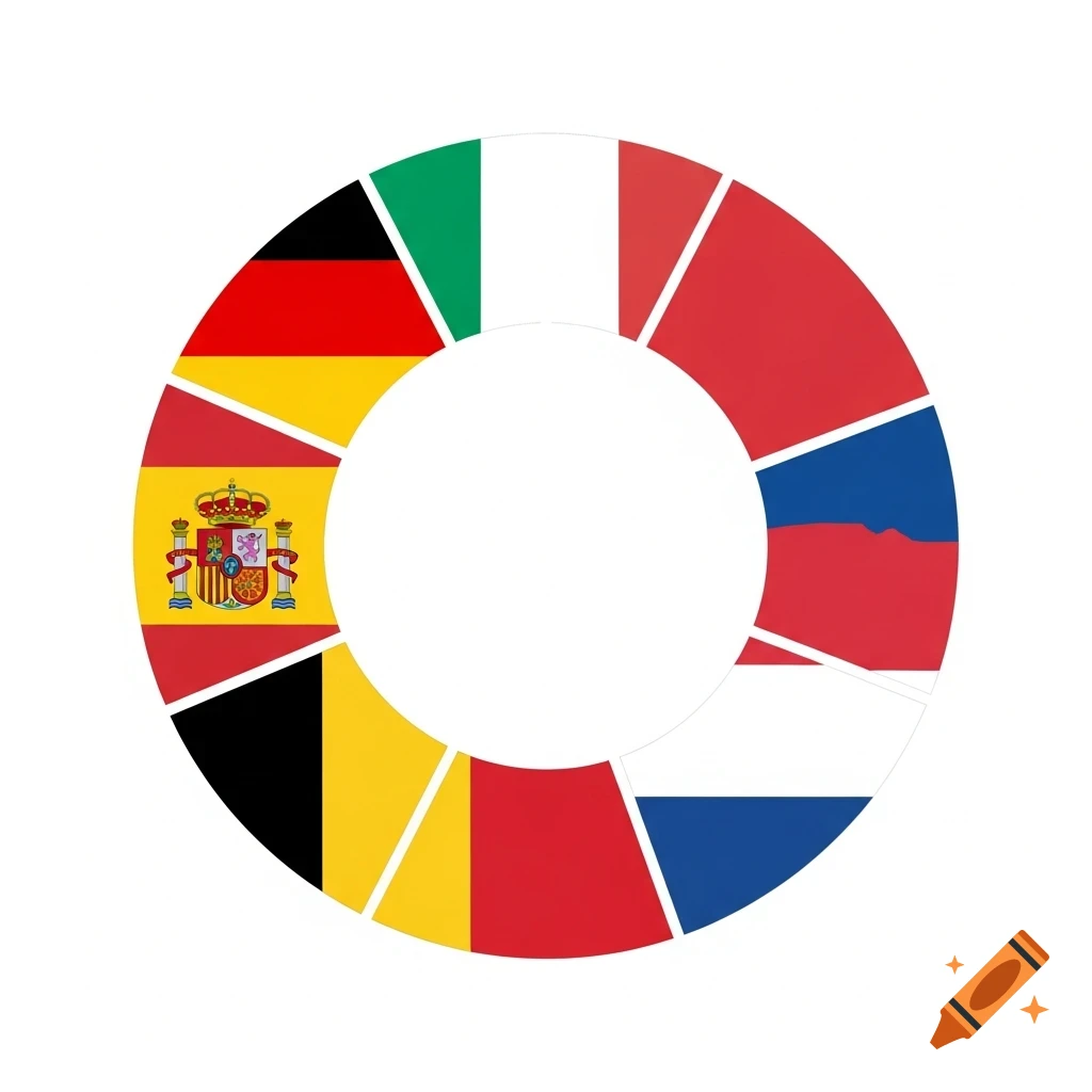 A donut chart-like symbol with segments displaying the national flags of Germany, Italy, Spain, Belgium, and the Netherlands.