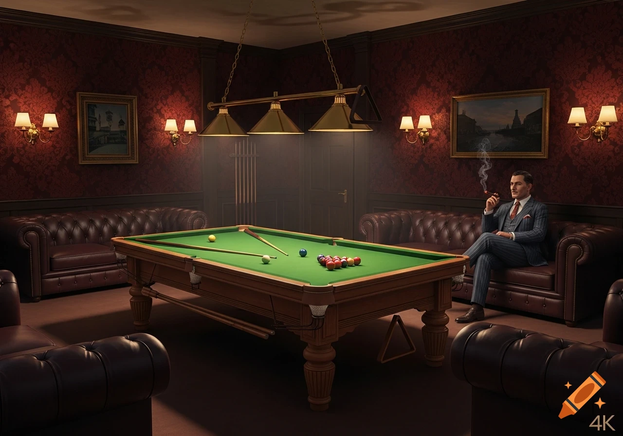 A man in a pinstripe suit smokes a cigar on a leather sofa in a luxurious snooker room with red wallpaper and a pool table.
