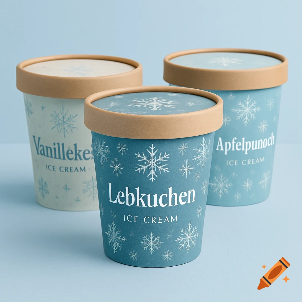 Three photorealistic ice cream tubs with blue snowflake patterns and brown lids on a light blue background.