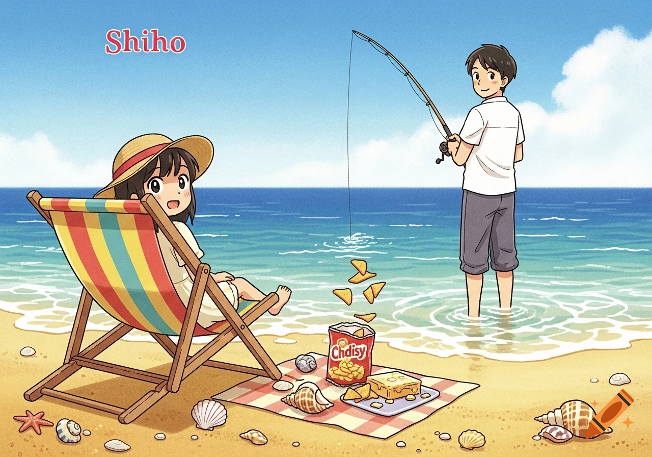 Storybook illustration of a girl in a beach chair with her dad fishing in the ocean, a picnic on the sand, and seashells.