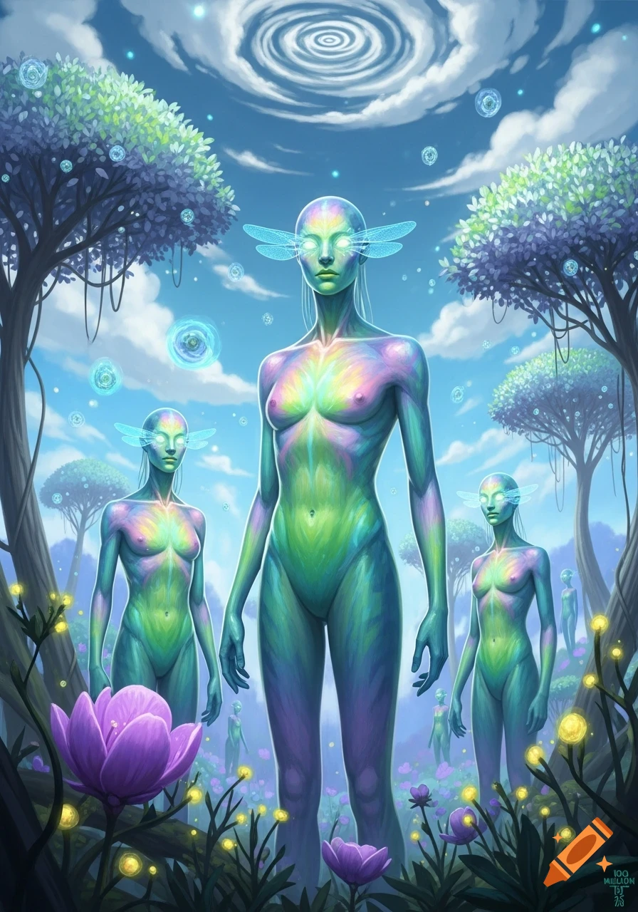 An ethereal scene depicts rainbow-colored, evolved humanoid figures with glowing eyes and dragonfly wings, standing amidst lush alien flora and trees under a swirling sky.